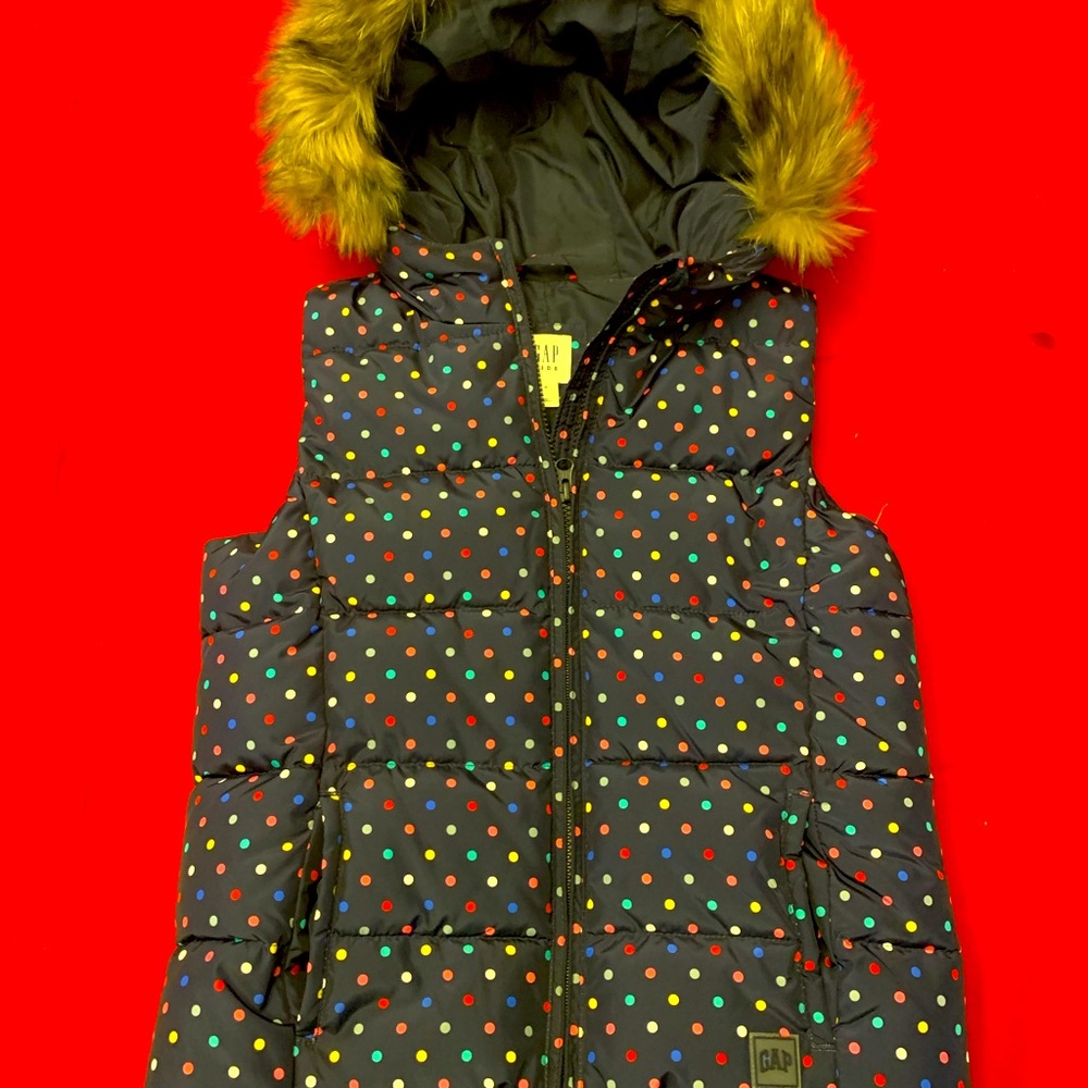 Gap girls polka dot puffer vest with fur hood - xl